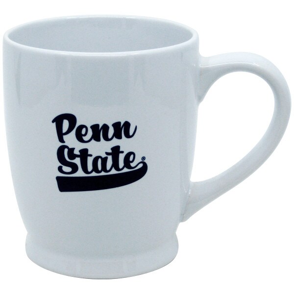 white ceramic mug with navy script Penn State